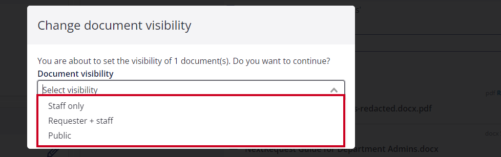 document visibility dropdown on pop-up screen.