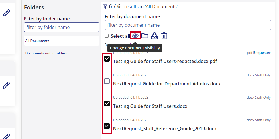 checkboxes selected next to document cards and eye icon selected at top of document list.