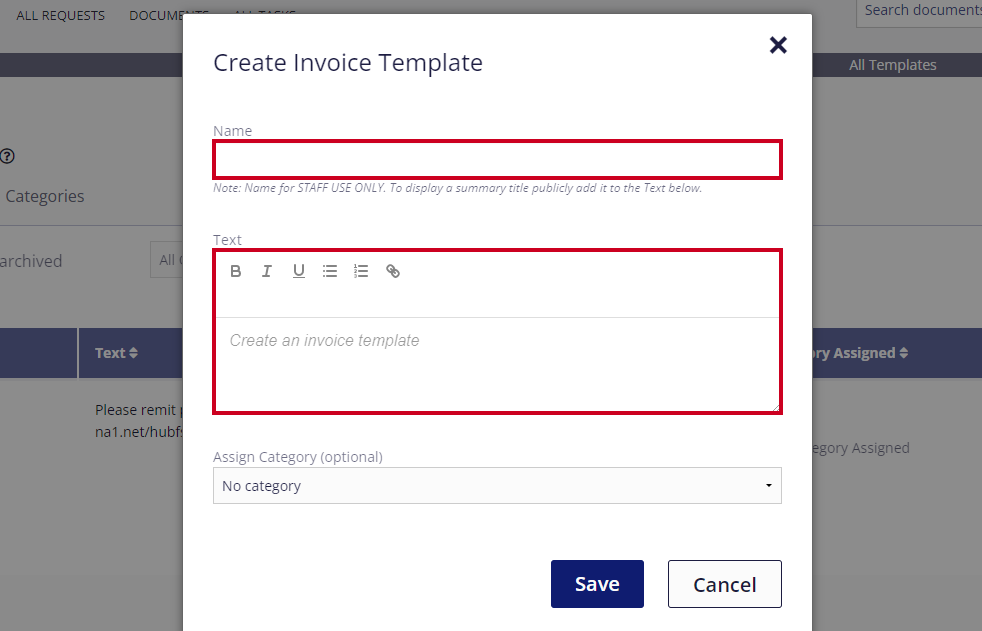 template name and text boxes.