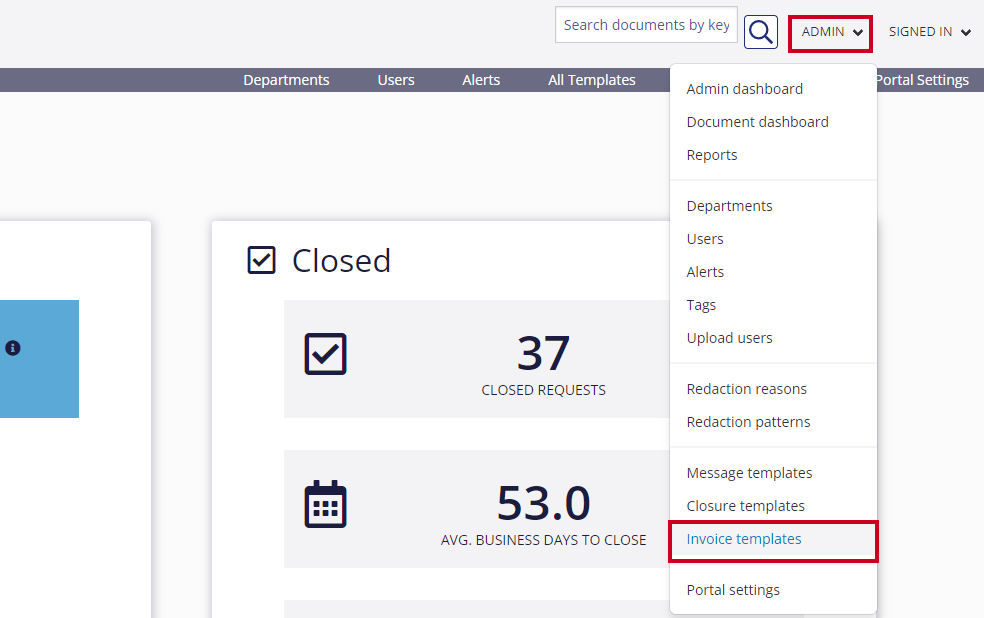 admin header - invoice templates selected in dropdown.
