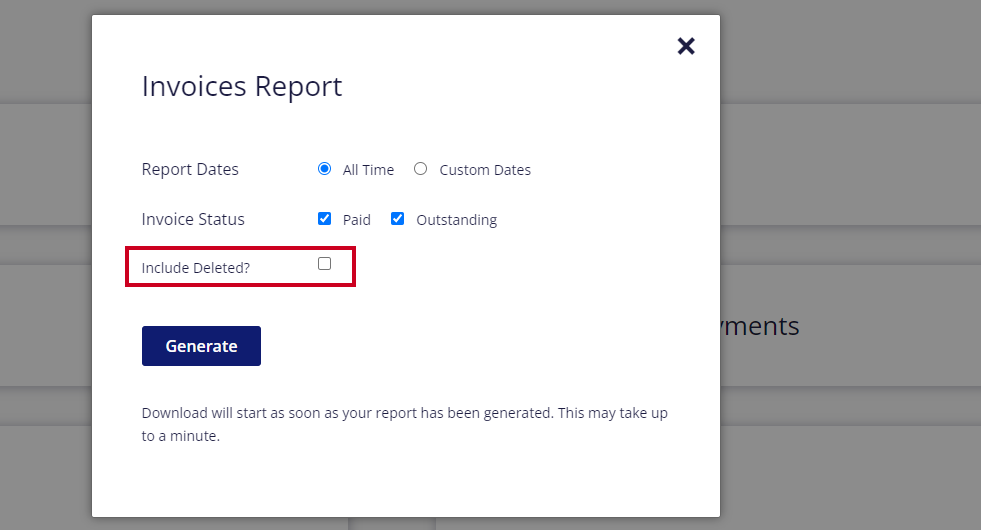 Include deleted invoices checkbox.