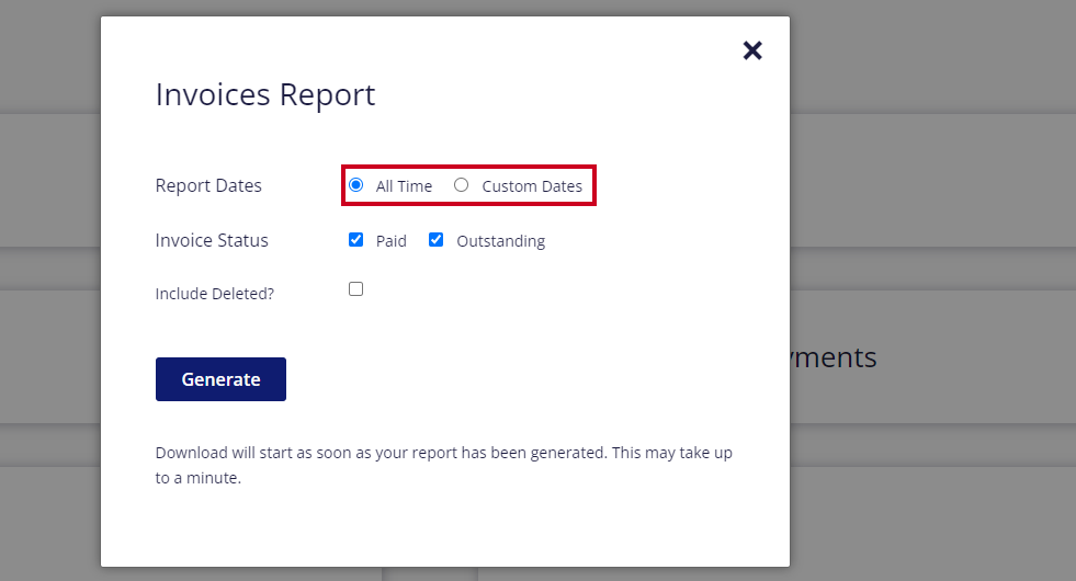 Report date options - All Time or Custom Dates.