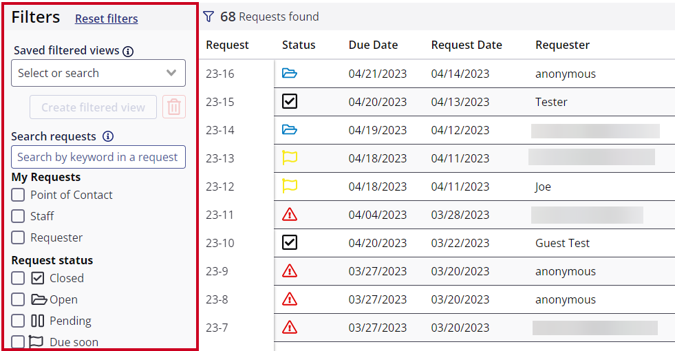 Request filters in left sidebar.