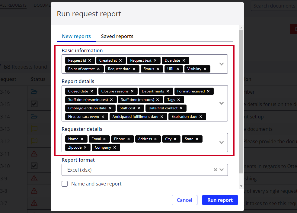 basic information, report details, and requester details fields.