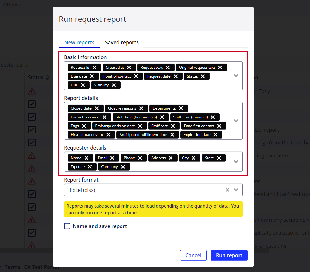 Basic information, report details, and requester details fields.