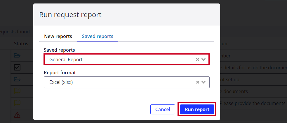 saved reports drop-down and blue run report button in bottom right corner