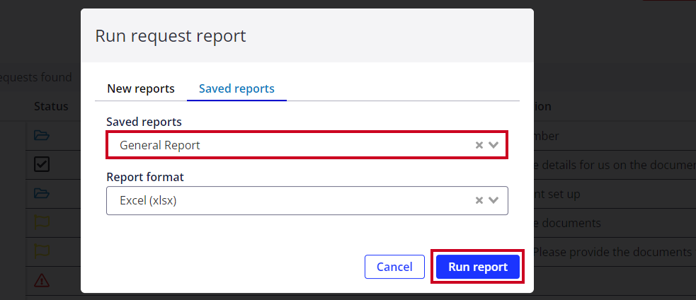 Saved reports drop-down and blue run report button in bottom right corner