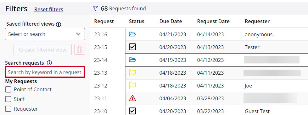 Search by keyword in a request in filters left sidebar.