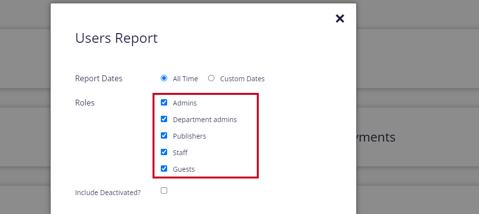 roles checkboxes for Admins, Department admins, Publishers, Staff, Guests.