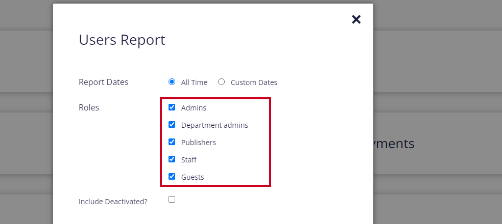 Roles checkboxes for Admins, Department admins, Publishers, Staff, Guests.