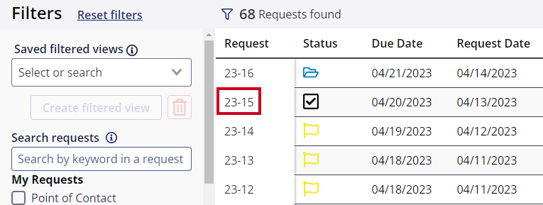 A request number is highlighted in the table's Request column.