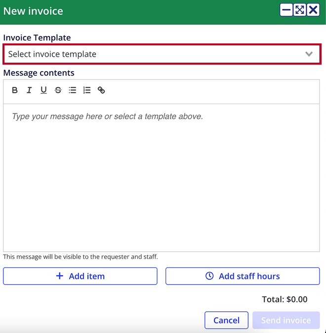 Invoice template drop-down menu.