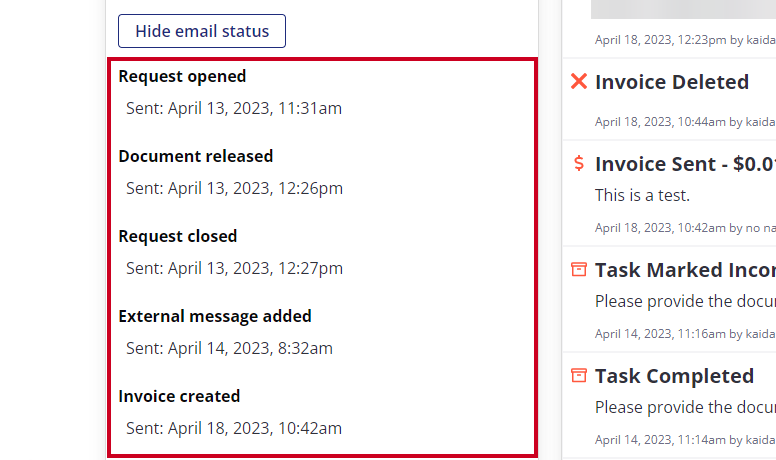 list of status of outbound emails.
