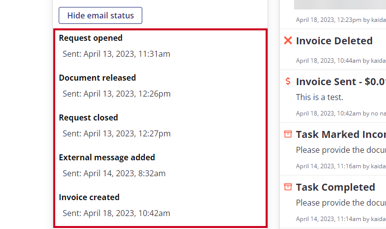 List of status of outbound emails.