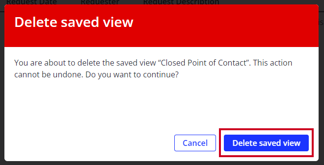 pop-up window delete saved view button.