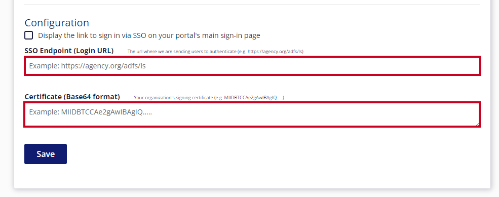 sso endpoint and certificate boxes.