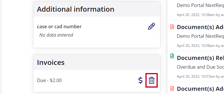 Trashcan icon next to Invoice.