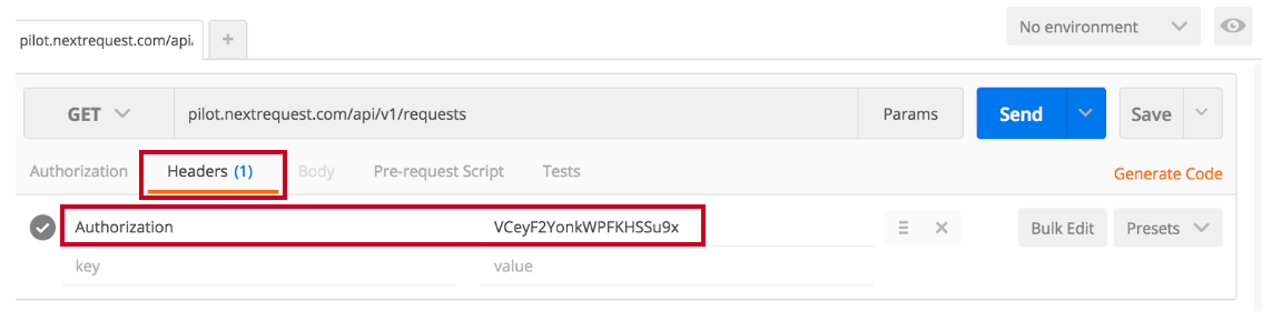 under header tab - enter authorization key and token value.