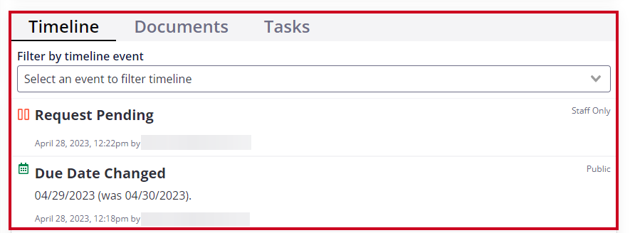 Timeline, Documents, and Tasks tabs.
