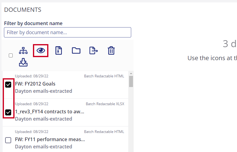 checkbox next to document and eye icon.