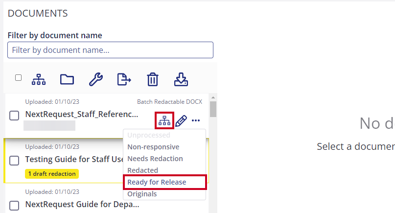 Map icon on document card and select ready for release from dropdown.