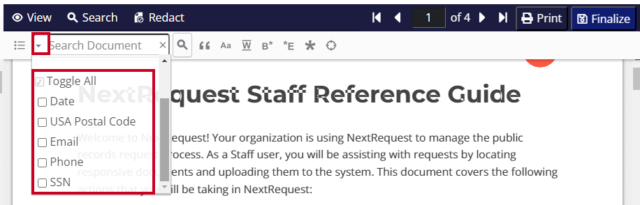 arrow icon and filter options in drop-down.