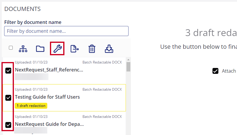 check boxes next to documents and click wrench icon.