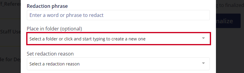 place in folder drop down.