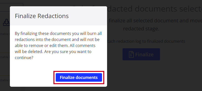 blue rectangle finalize documents button on pop up.