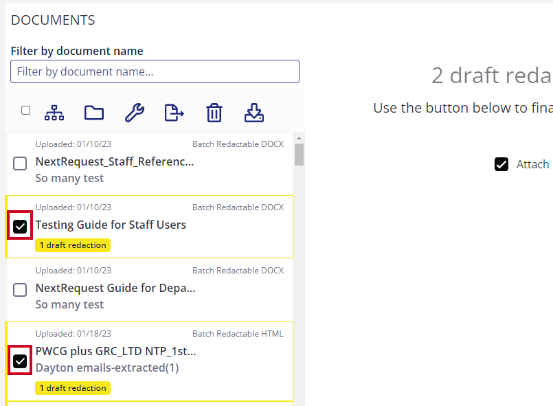 checkboxes next to documents.