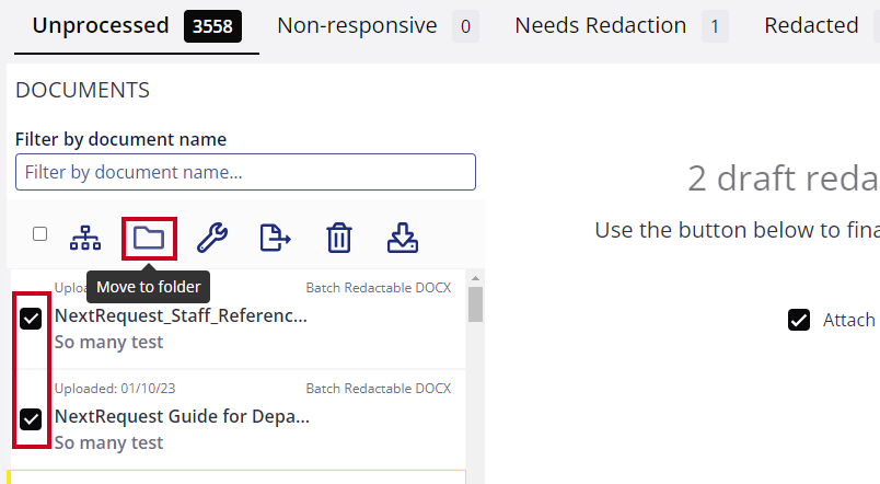 Checkboxes next to documents and click the folder icon.