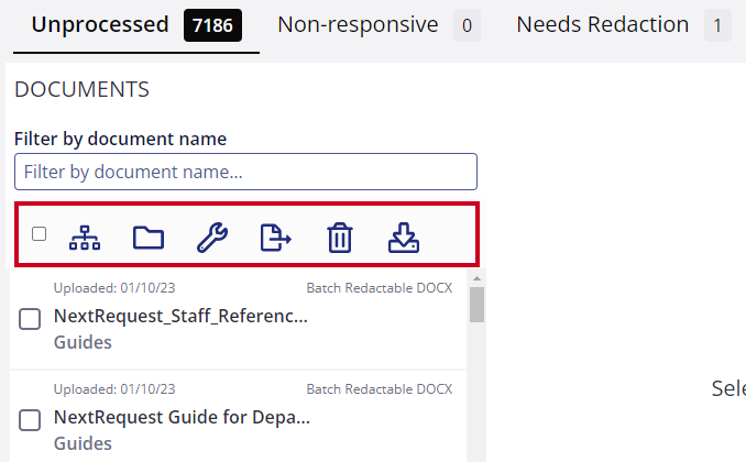 Bulk action icons at top of documents panel.