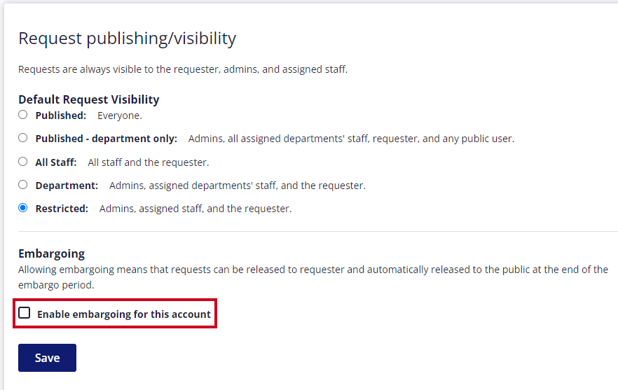 enable embargoing for this account checkbox.