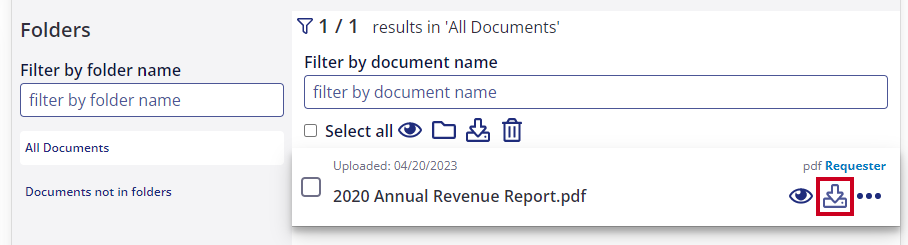 The Download Icon, a downward facing arrow with computer tower, on a document card can be used to download a copy of the document.