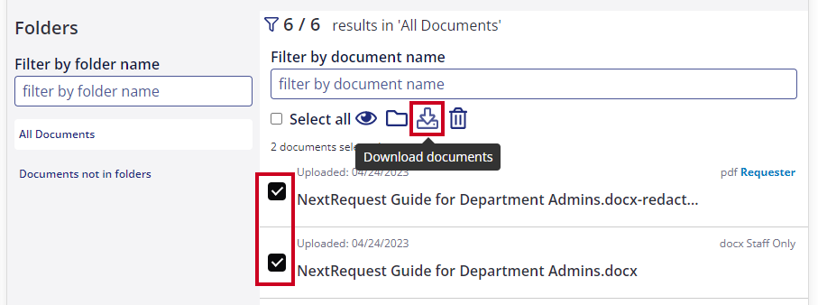 checkbox next to documents and downward arrow icon at top of list