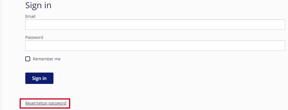 The Reset/Setup Password link is highlighted below the Sign In fields.