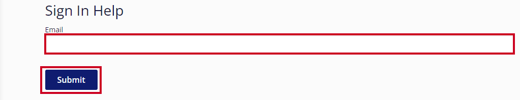 The email entry box and blue submit button are highlighted on the Sign in Help page.