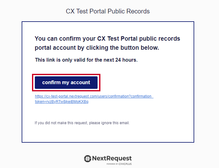 The blue Confirm my account button is highlighted in an email from NextRequest.