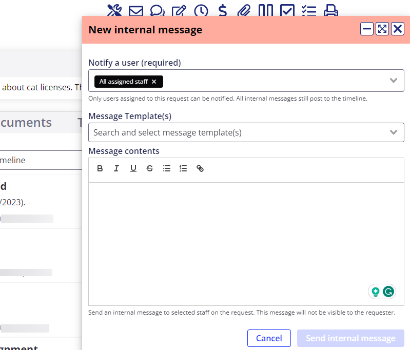 new internal message pop up.