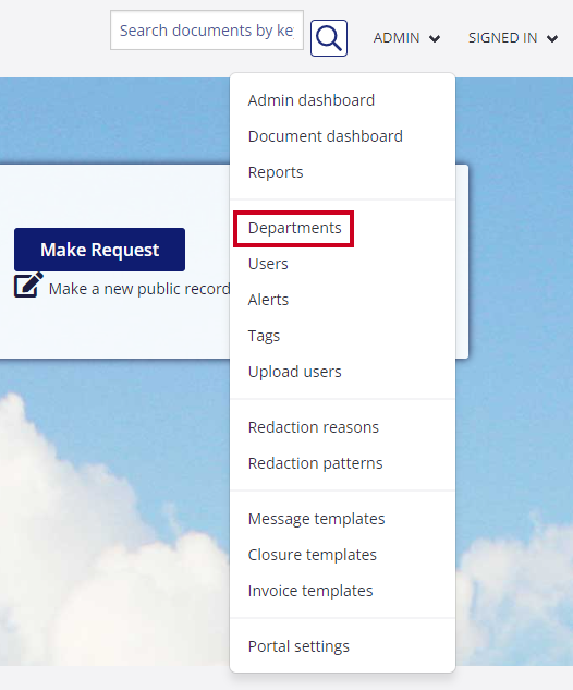 The 'Departments' option is highlighted in a list of options for the Admin's drop-down menu.