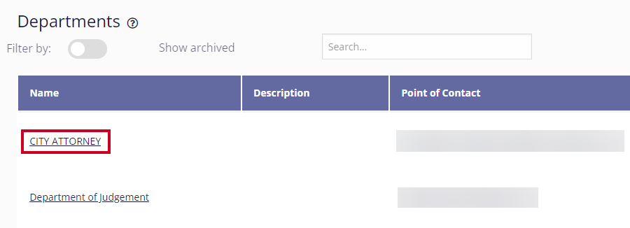 On the Departments dashboard, the 'City Attorney' department is highlighted in a list of departments.