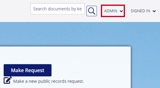The Admin drop-down menu is highlighted in the upper-right corner of the portal's dashboard, next to the search box.