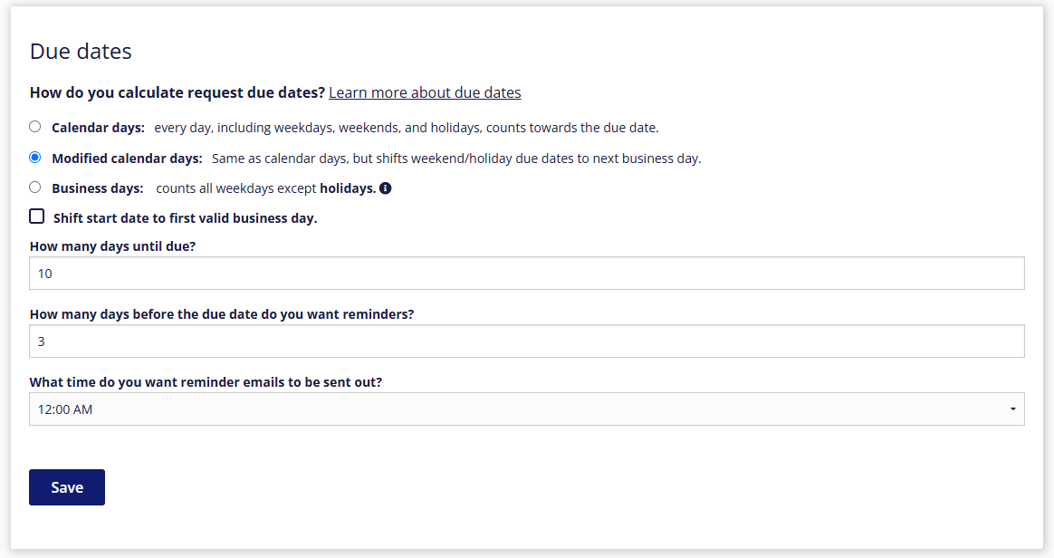 The options for setting due dates is highlighted. The questions are 'How do you calculate request due dates?', 'How many days until due?', and 'How many days before the due date do you want reminders?'.