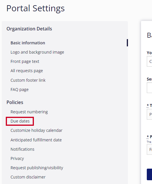 Due Dates is highlighted in the Portal Settings options on the navigation menu.