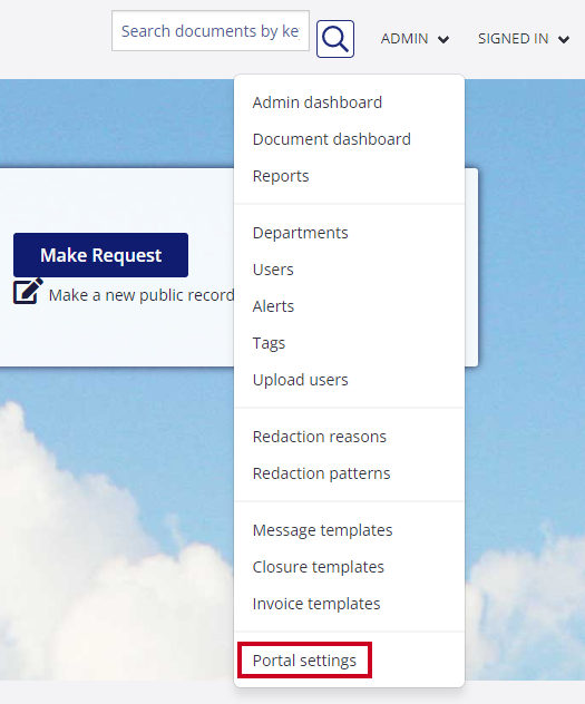 The Portal Settings option is highlighted on the Admin drop-down menu.
