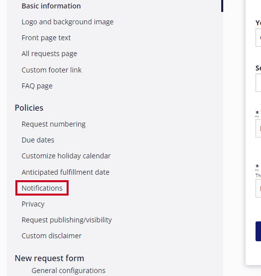 The Notifications option is highlighted in the Portal Settings options on the navigation menu.
