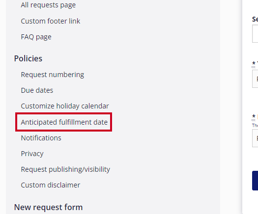The Anticipated Fulfillment Date option is highlighted in the Portal Settings options on the navigation menu.