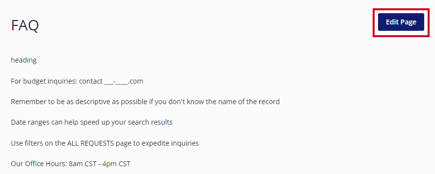 The rectangular, blue Edit Page button is highlighted next to the FAQ page's content.