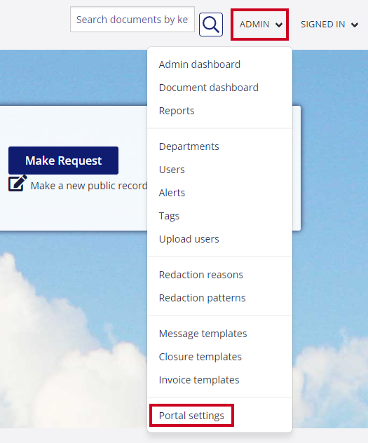 The Portal Settings option is highlighted on the Admin drop-down menu.