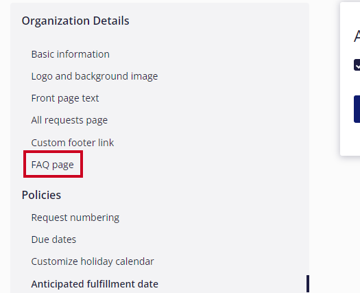 The Frequently Asked Questions, or FAQ, page option is highlighted in the Portal Settings options on the navigation menu.